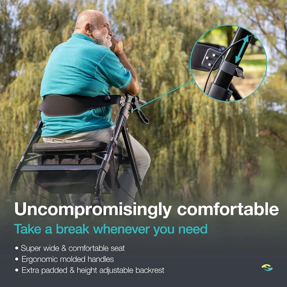 Andador bariátrico com assento grande ajustável em altura, capacidade de peso de 500 libras, rodas todo terreno de 8 polegadas, 28 polegadas