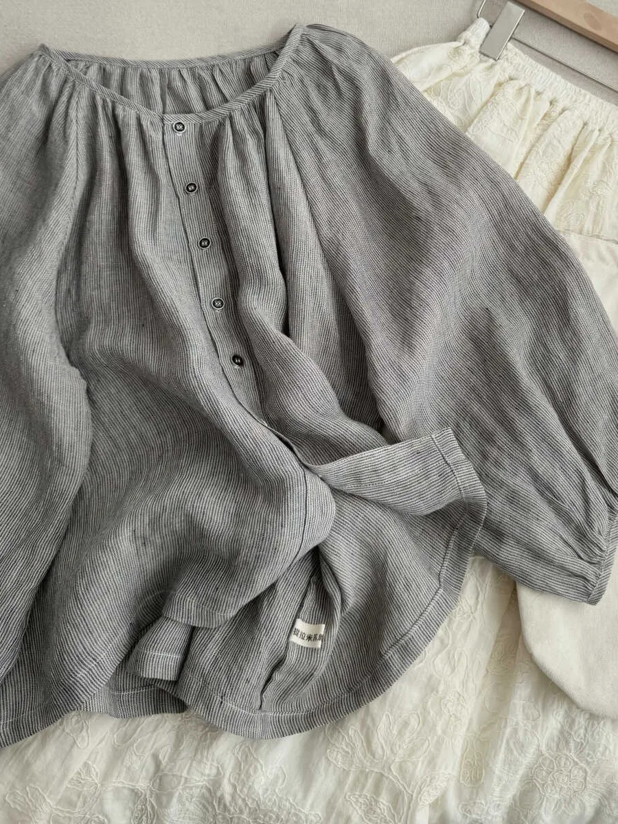 

Casual Versatile Cotton Linen round Ne ort Sve irt Japanese Sle Women's Faionable Top Sweet Sle Loose Fit Summer