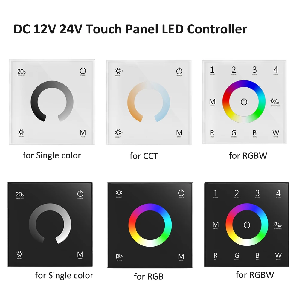 2.4G Glass Touch Panel LED Controller 12V 24V EU Wall Mounted Dimmable for 5050 2835 Single Color CCT WWCW RGB RGBW Strip Light