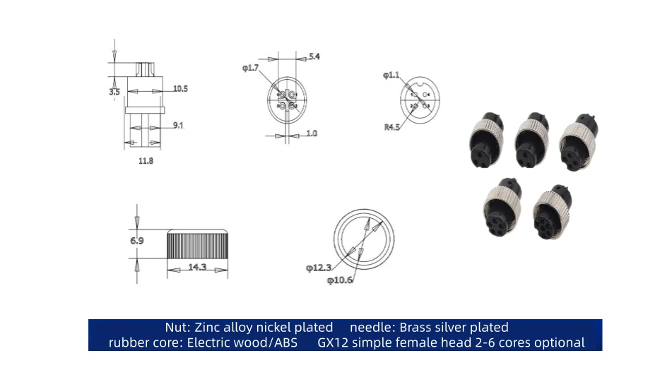 10 Stück GX12 Luftfahrtstecker, einfache Buchse mit 2/3/4/5/6/7 Pins – Detail 3