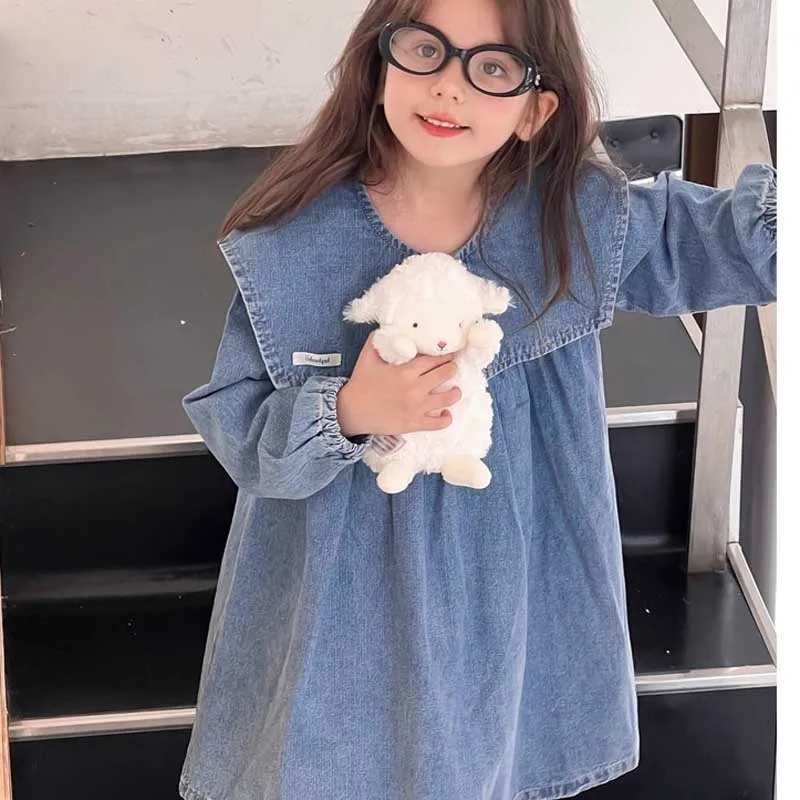 Girls\' Denim Dress with Large Collar Washed Denim Long Sleeved Dress A-line Skirt 2024 Spring and Autumn New Children Outfit