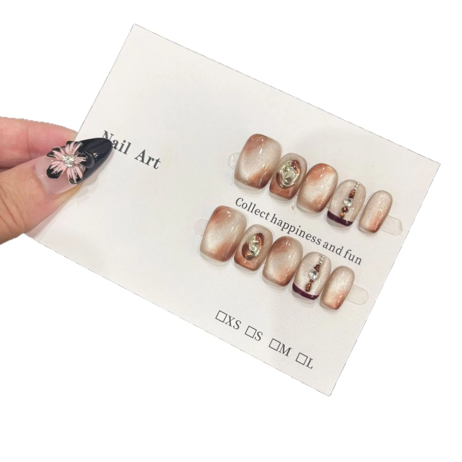 10Pcs Handmade Short French Press On Nails Amber Glitter Glossy Cat Eye Gradients Design Autumn False Nails Wearable Nails Tips