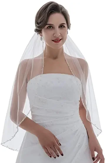 

Hot Selling Fashion Style 1T 1 Tier Wavy Pearl Crystal Beaded Veil Elbow