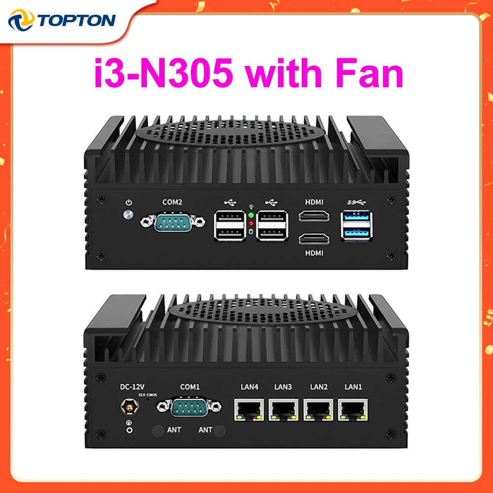 12th Gen Intel i3 N305 N100 Firewall Mini PC Server 4x i226-V 2.5G Lan DDR5 2*COM RS232 Industrial Computer Efficient cooling