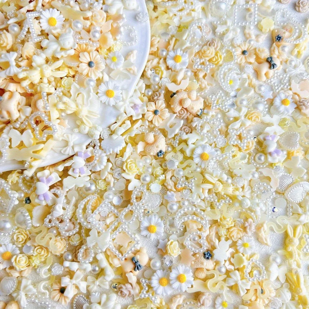 50 pièces/paquet résine mixte jaune et blanc perle mixte Nail Art coque de téléphone épingle à cheveux bricolage décoration accessoires matériel paquet