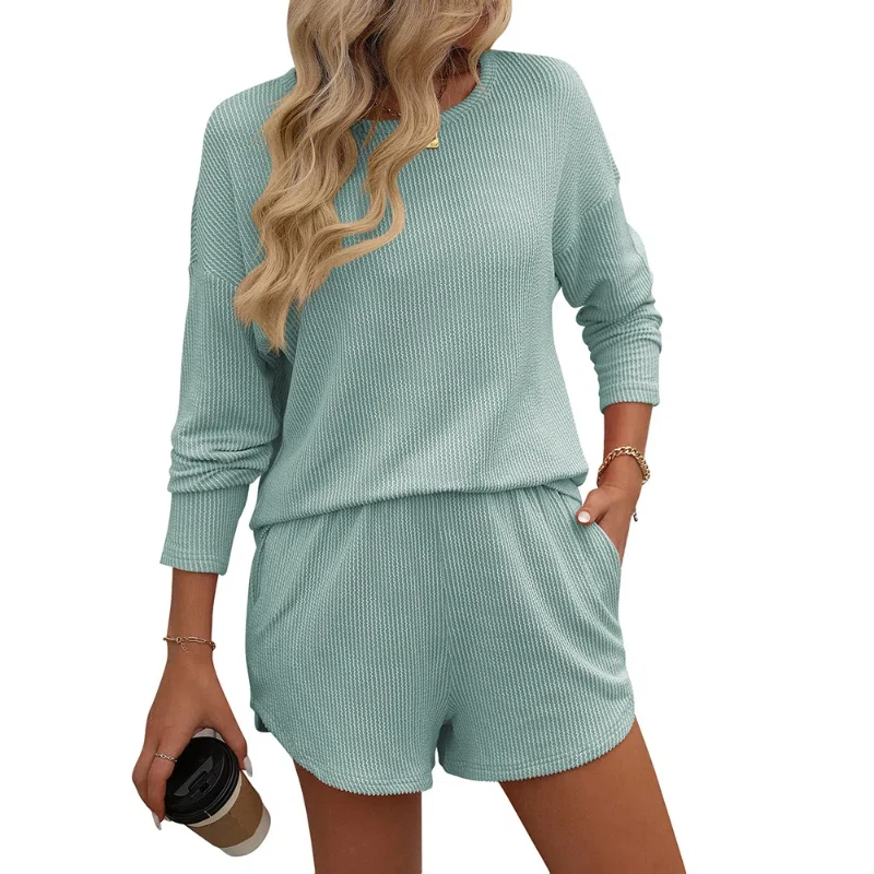 ใหม่ผู้หญิง Twisted Strip กางเกงขาสั้นแขนยาวลายชุดสูทสองชิ้นชุด