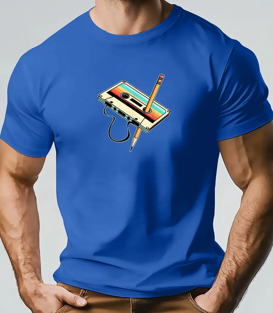 Men'S Pencil T-Shirt Insert Cassette Tape Pattern Summer Casual Round Neck Short Sleeve T-Shirts