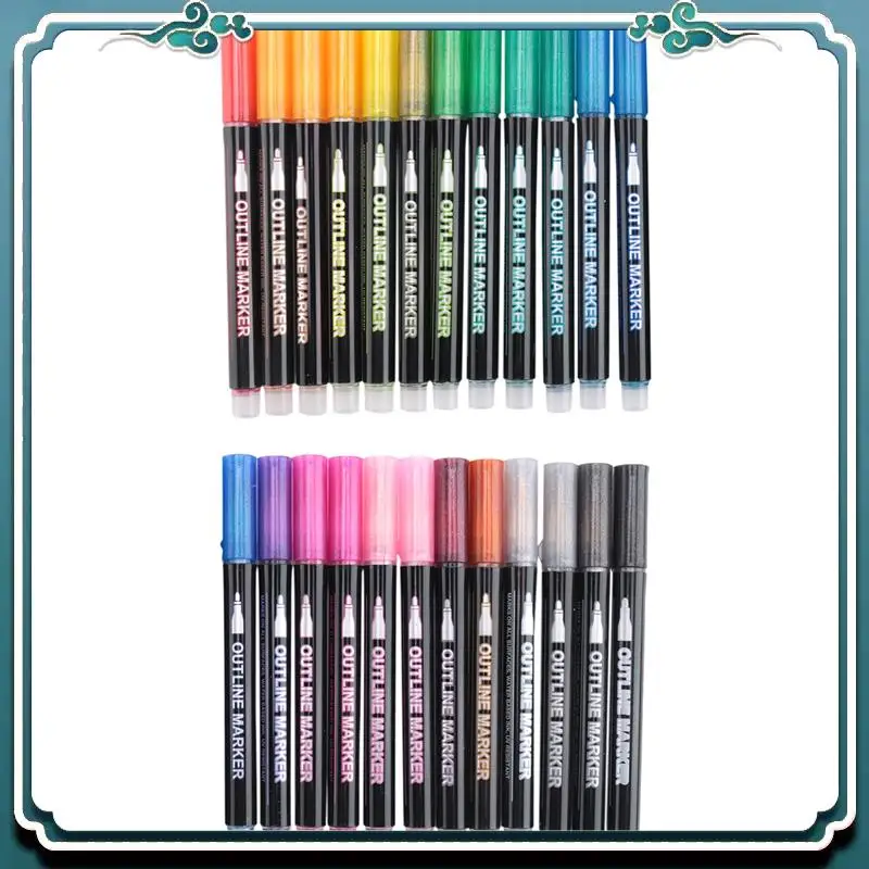 سهلة الاستخدام علامات لامعة Doodle Outline Dazzles: 24 لونًا معدنيًا بخط مزدوج مجموعة أقلام لامعة Super Squiggles Dazz