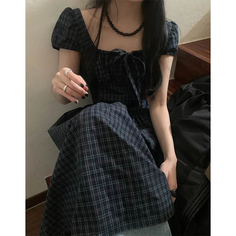 MEXZT Vintage Kariertes Midikleid Damen Harajuku Streetwear Bandage-Kleider Sommer Koreanische Puffärmel Lässige A-Linie Kleider