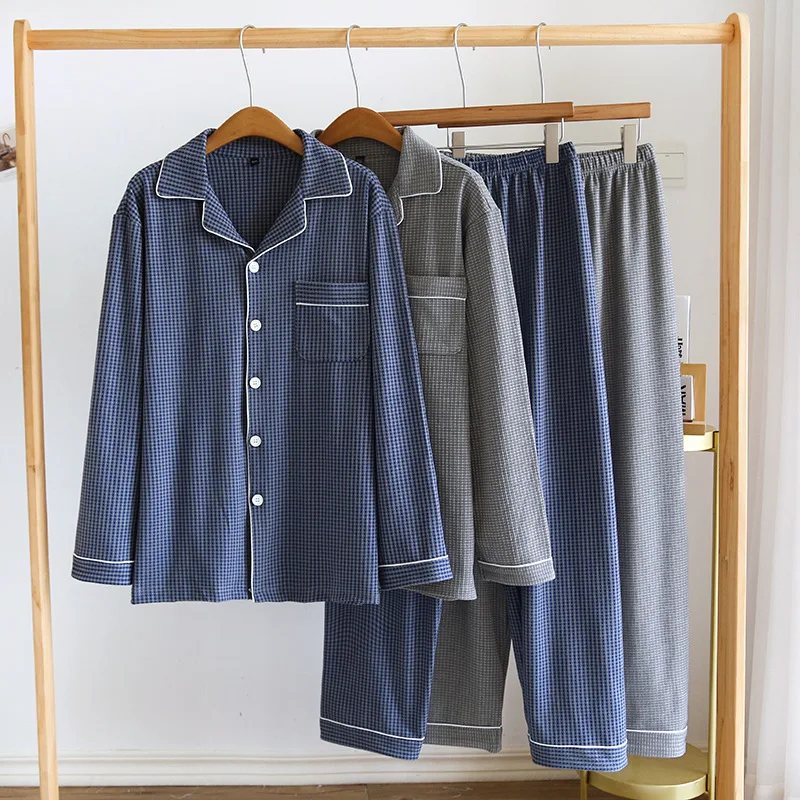 

Thickened Pajamas Men's Fleece Warm Home Clothes Plaid Long Sleeve Set Loose Casual Cardigan Sleepwear