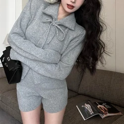 Casual Solid Color Women's Knitted 2piece Set Female Autumn Winter New Lace Up Lapel Single Breasted Sweater+Elastic Short Pants