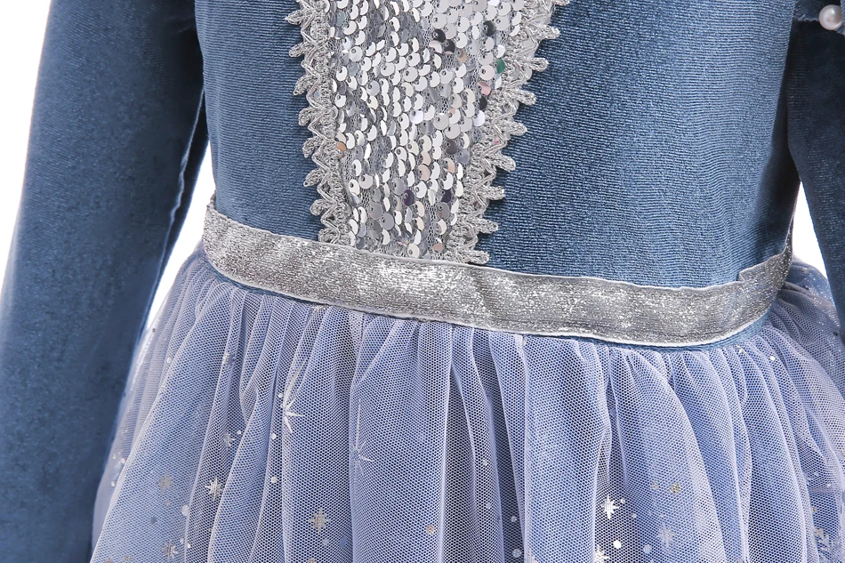 Mädchen Winter Eiskönigin Prinzessinnenkleid Samt Langarm Kunstfellkragen Farbverlauf Schneeflocken-Tüllkleid für Weihnachten Geburtstag – Detail 9
