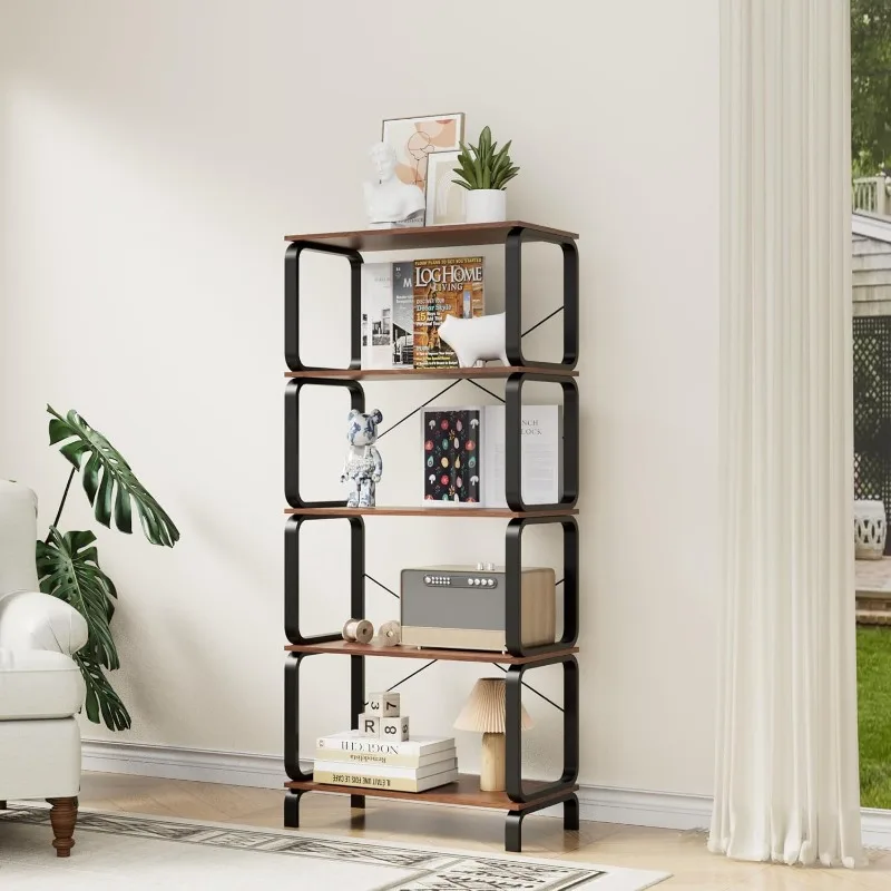 5 Tier Bookshelf, Skinny Book Shelf, Display Open Metal and Wood Bookcase, Tall Free Standing Book Shelf for Office