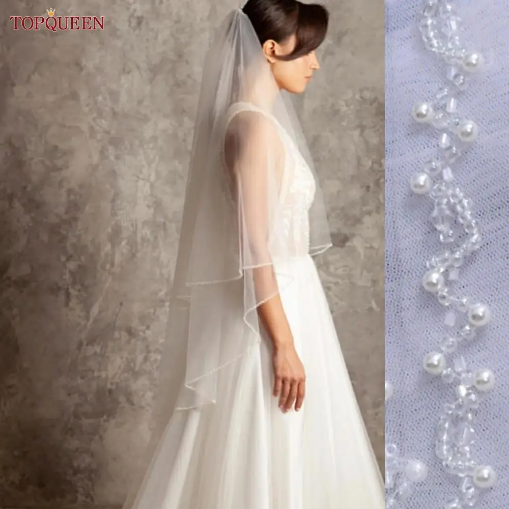 

TOPQUEEN V121 Top Quality Bridal Veils Wedding Crystal Beaded Two-tier Beaded Edge Fingertip Wedding Veu Flange Bouqet Wedding