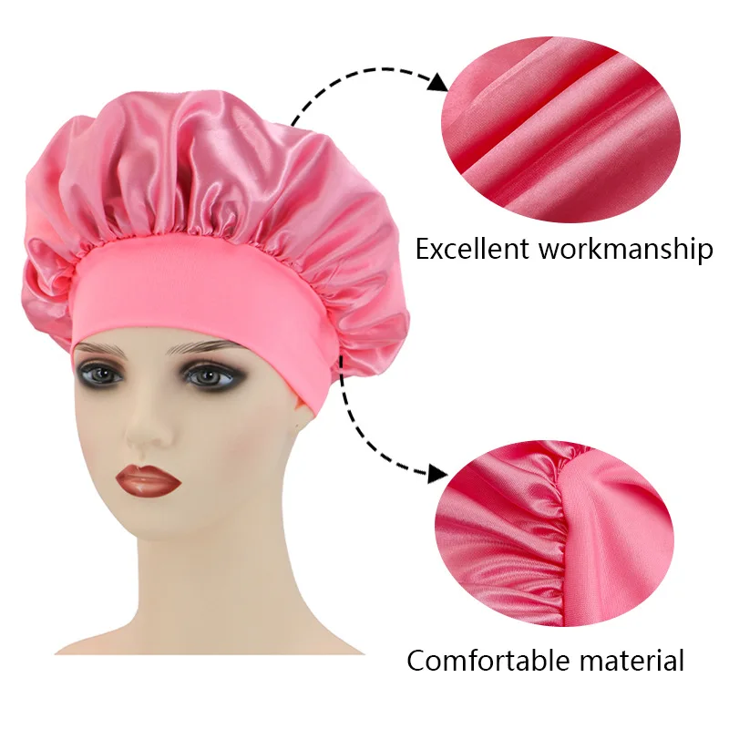 Solid Color Women\'s Satin Wide-brimmed Sleeping Hat Unisex Silk Imitation Head Wrap Elastic Band Cap Hair Care Bonnet Night Hat