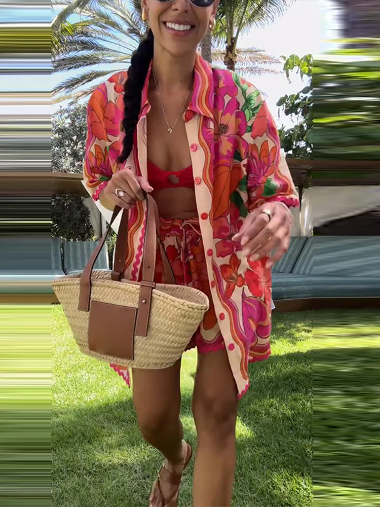 

Летний комплект шорт с цветочным принтом, повседневный однобортный топ с отложным воротником и короткими рукавами, удобная женская короткая пляжная одежда