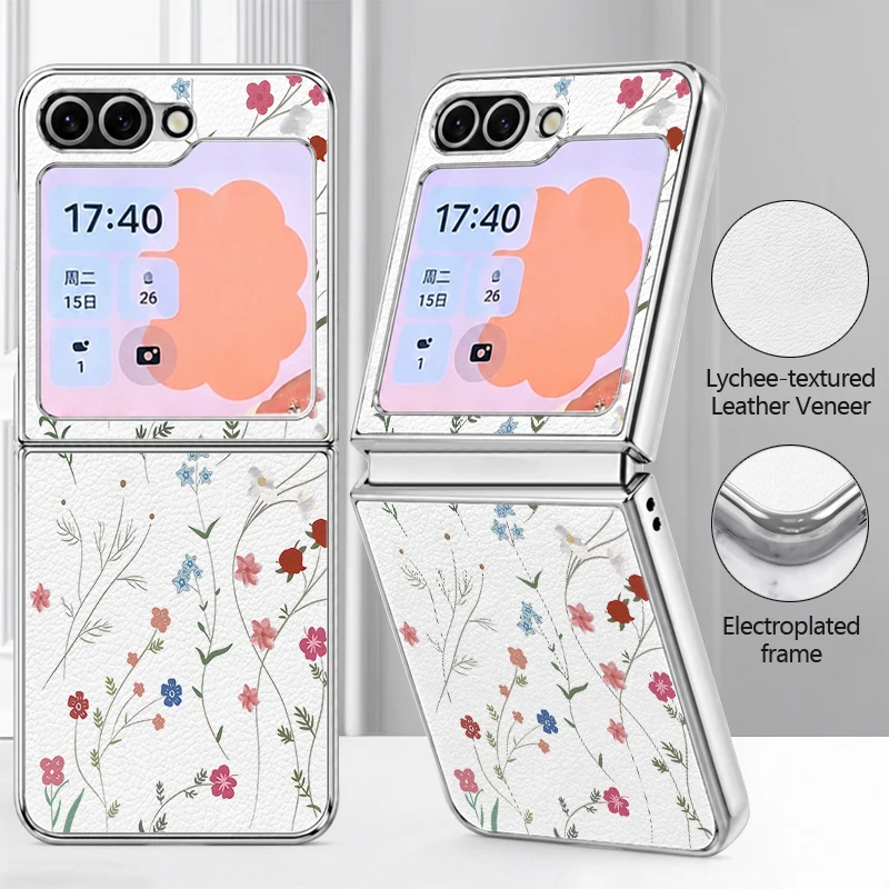 Small Flower Pattern PU Leather Phone Case For Samsung Galaxy Z Flip7 FE Flip6 Flip 7 6 5 5G Silver Plating Frame Hard PC Cover