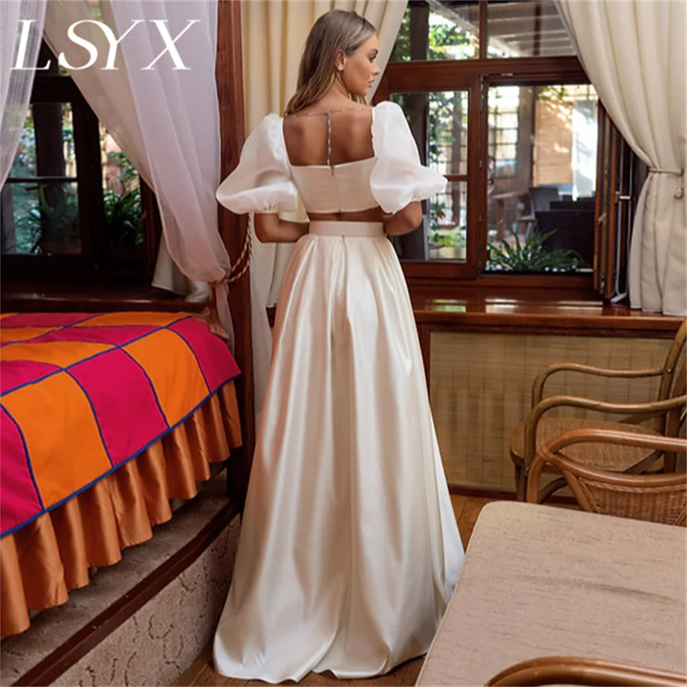 LSYX-Robe de Mariée Trapèze Froncée en Satin pour Femme, Manches Bouffantes, Fermeture Éclair Moderne, Balayage Traîne, Patients, Sur Mesure, 2 Pièces