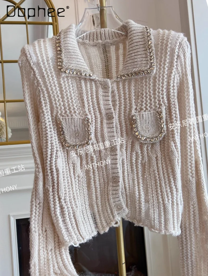 الموهير الماس رصع سترة المرأة الخريف الشتاء موضة جديدة فضفاضة البلوز واحدة الصدر عادية محبوك اقتصاص سترة