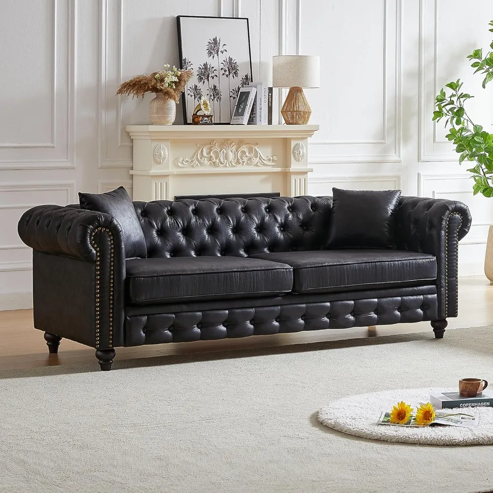 

Tech Fabric Upholstered 3-Seater Living Room Sofa with Button and Copper Nail on Arms, Classic Chesterfi