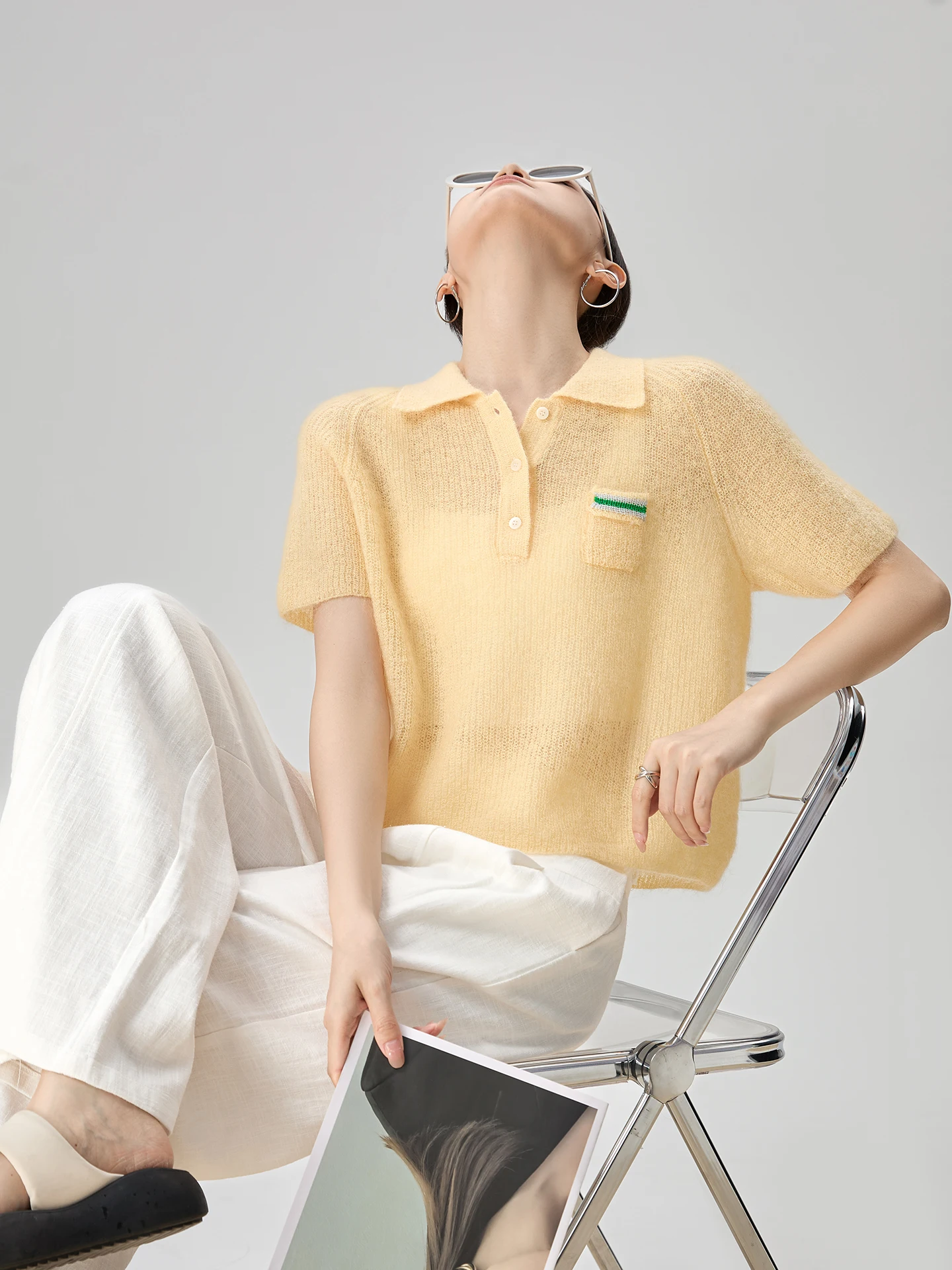 

Летняя желтая вязаная футболка с отложным воротником, женская, для повседневной носки, в корейском стиле, прямого кроя