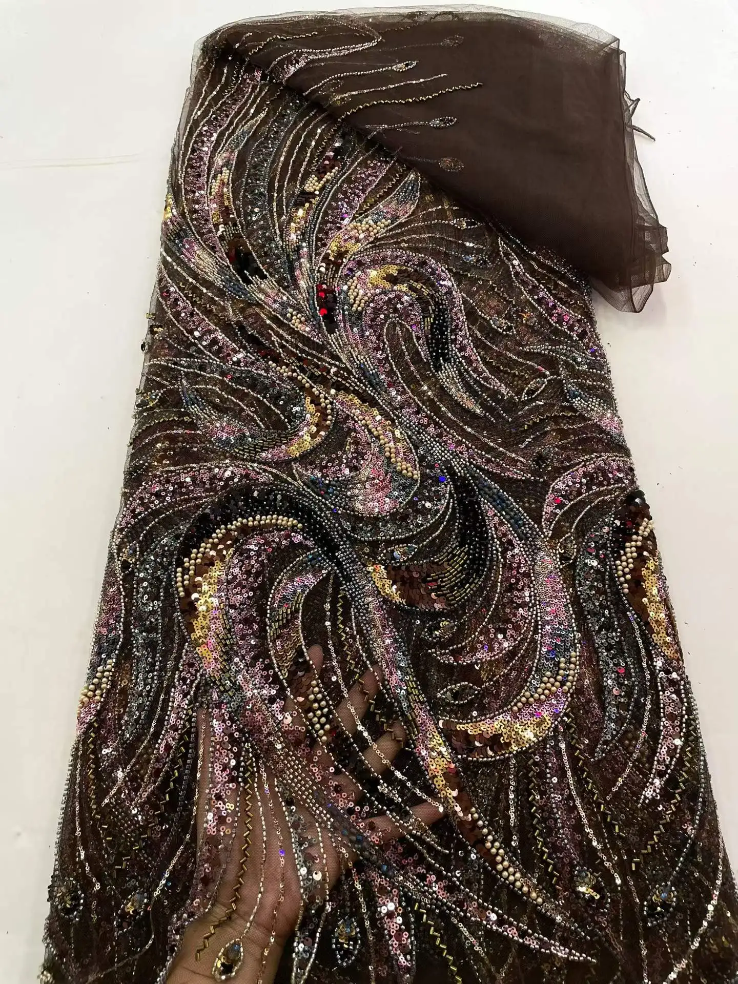 African 2026 Beaded nigerian Lace Fabric 5 Yards Tulle Mesh Sequins Embroidered for Weddings Party Dresses French Style