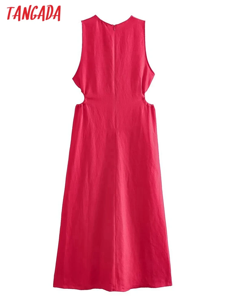 Tangada 2023 Summer Women Red Cotton Linen Dress Sleeveless Female Cut-out Long Dress PS19