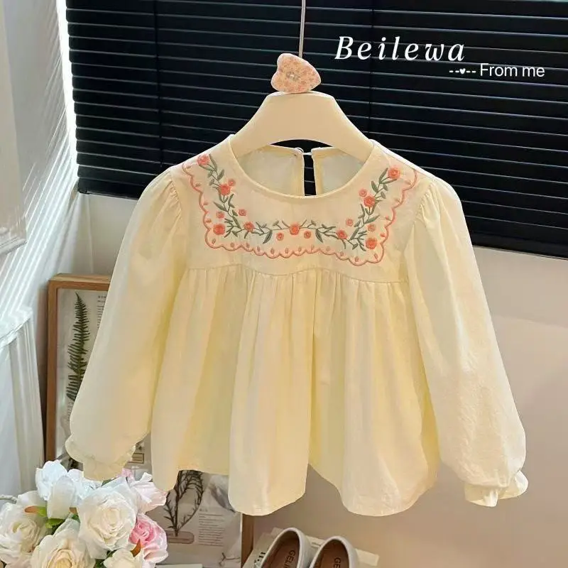 

2026 New Spring Toddler Girls Cute Flower Embroidery Shirt Fashion Korean Casual Outerwear Tops for 90-140cm