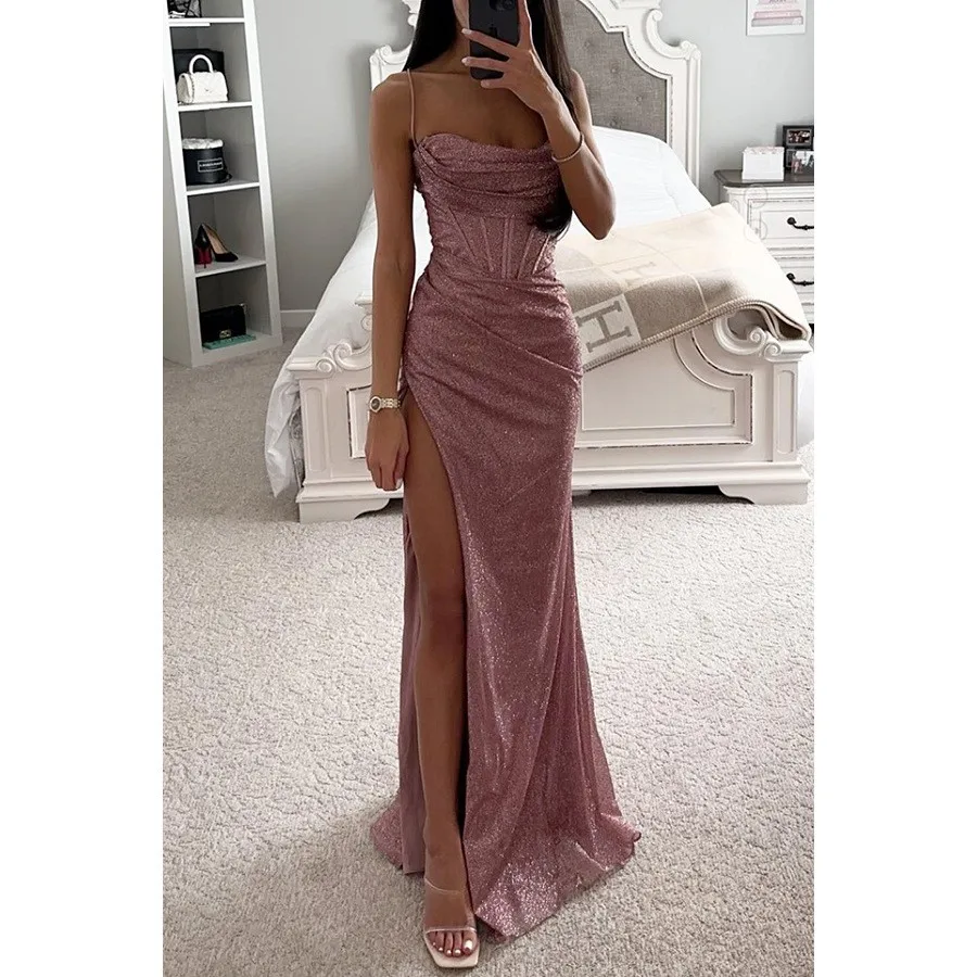 Vestido de fiesta elegante para mujer, vestido largo maxi con tirantes finos, corte en A, abertura alta, cintura fruncida, tela brillante, vestido tipo slip.