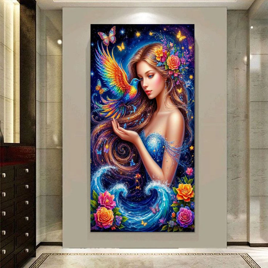 

Красивая женщина и птицы, большой размер, сделай сам, алмазная живопись, красивая леди, полная мозаика, вышивка, фотографии животных 50x100 см