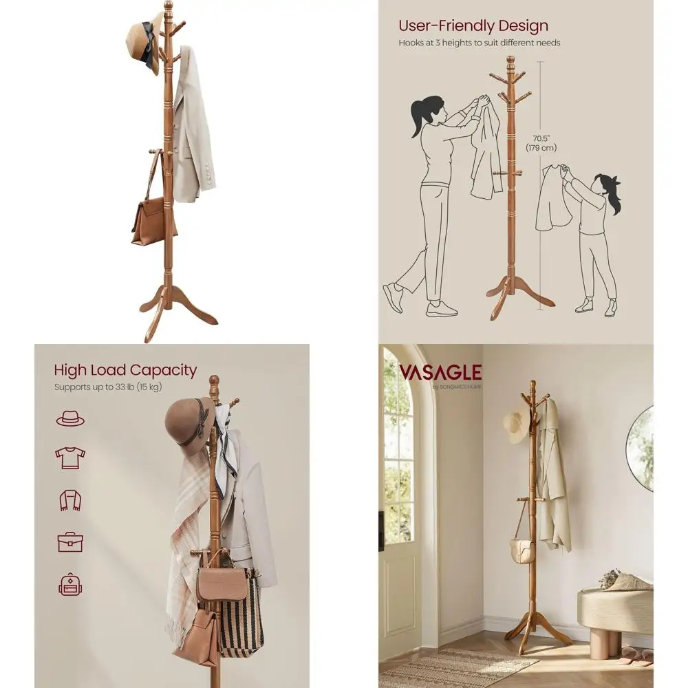 

Деревянная вешалка для одежды с 10 крючками для прихожей, гостиной и другого помещения, цвет Cael Brown URCR03WN