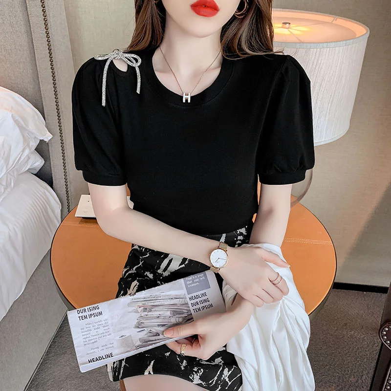 2023 New Summer European Clothes Cotton T-Shirt Women Chic Sexy O-Neck Hollow Out Bowknot Tops Short Sleeve All Match Tees 34295