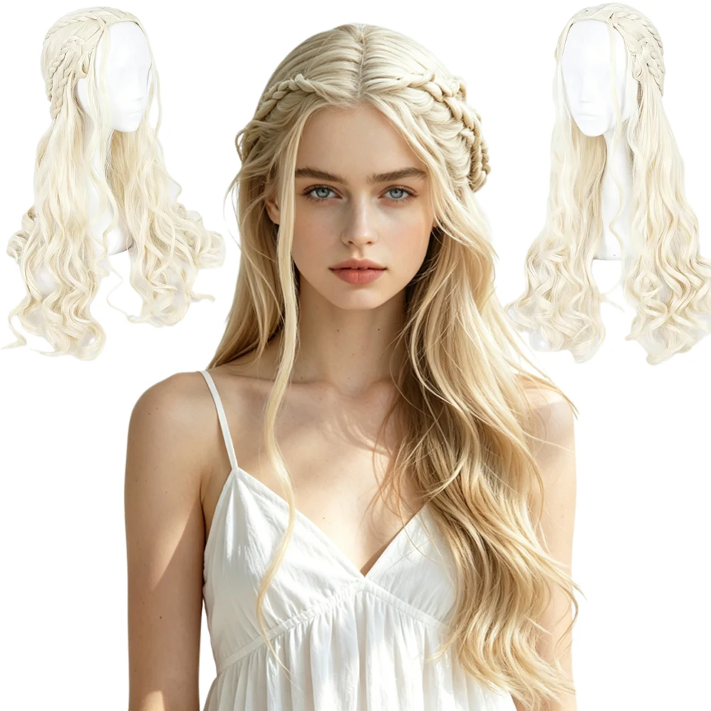 

Platinum Blonde Braid Long Curly Wig Natural Realistic Breathable Comfortable Daily Full Head Wig For Women High Temp Fiber