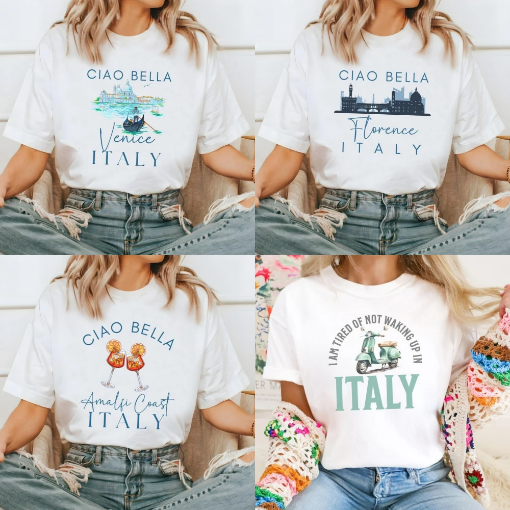 

"ciao Bella" Italy T-shirt Women's Vacation Travel T-shirt Durable Plus-size Casual T-shirt Holiday Activity Accessories Wear