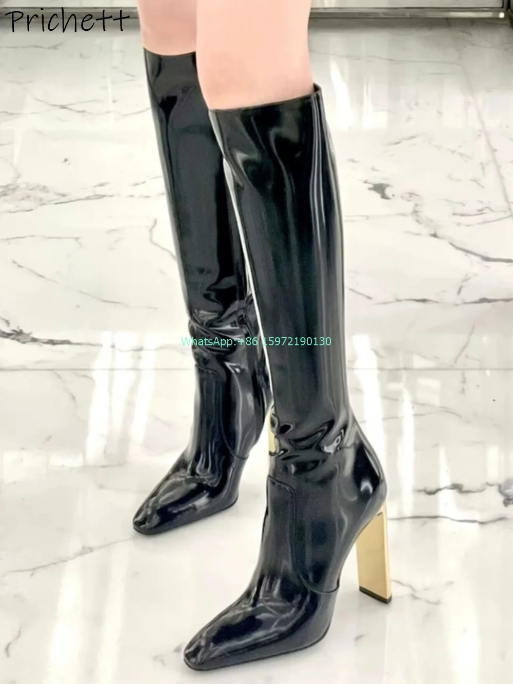 

Black Leather Knee High Boots Strange Style Metal Heels Square Toe Side Zipper Long Boots Ladies Fashion New Knight Boots