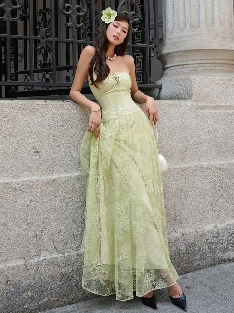 Macheda – robe Maxi Style doux pour femmes, épaules dénudées, dos nu, Jacquard, ourlet Patchwork, froncée, élégante, longue, moulante