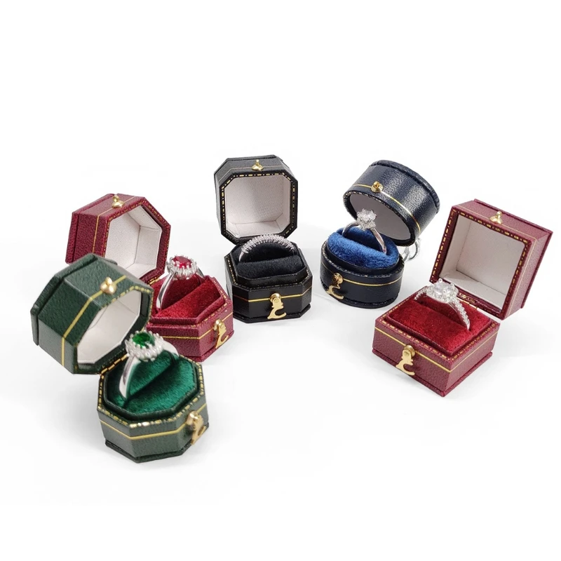 Mini black octagonal box PU leather advanced vintage jewelry display recommended wedding diamond ring box