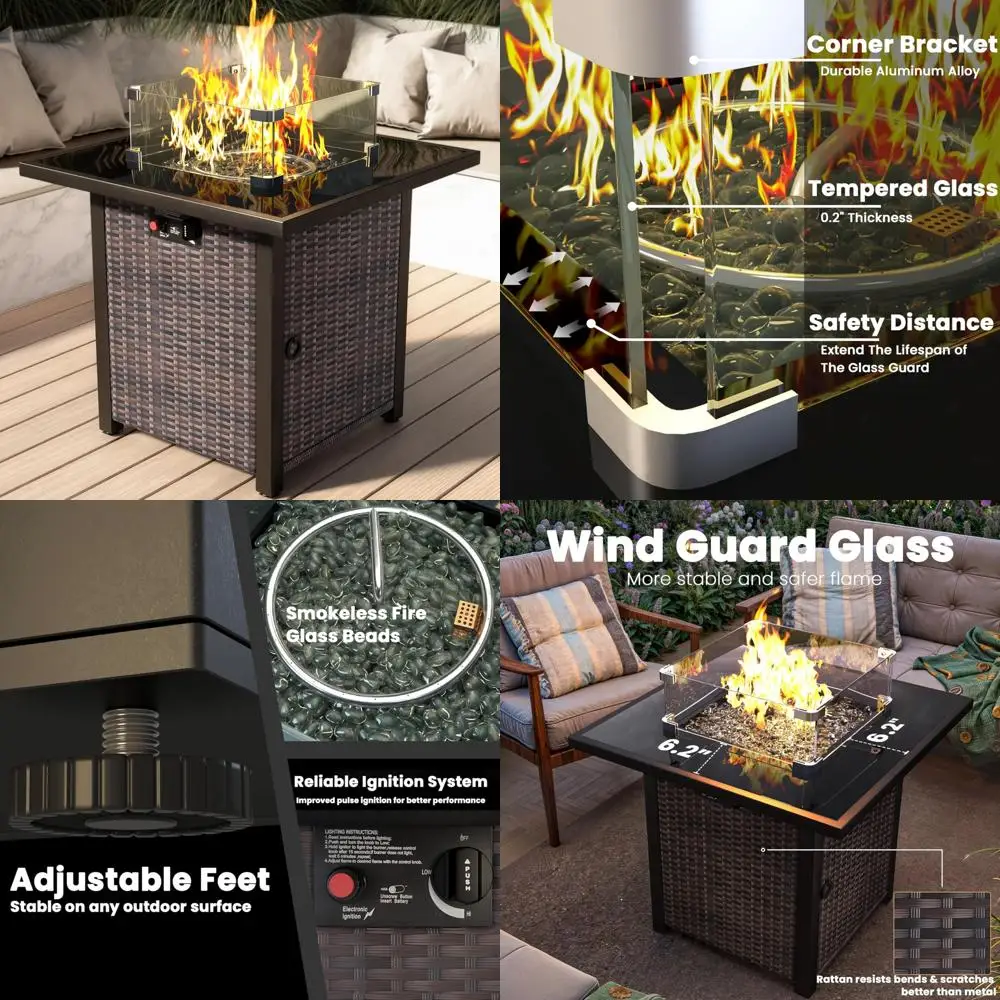 

Outdoor Gas Fire Pit Table with 28-inch Square Rattan Design, Tempered Glass Top, and Wind-Resistant Glass Guard