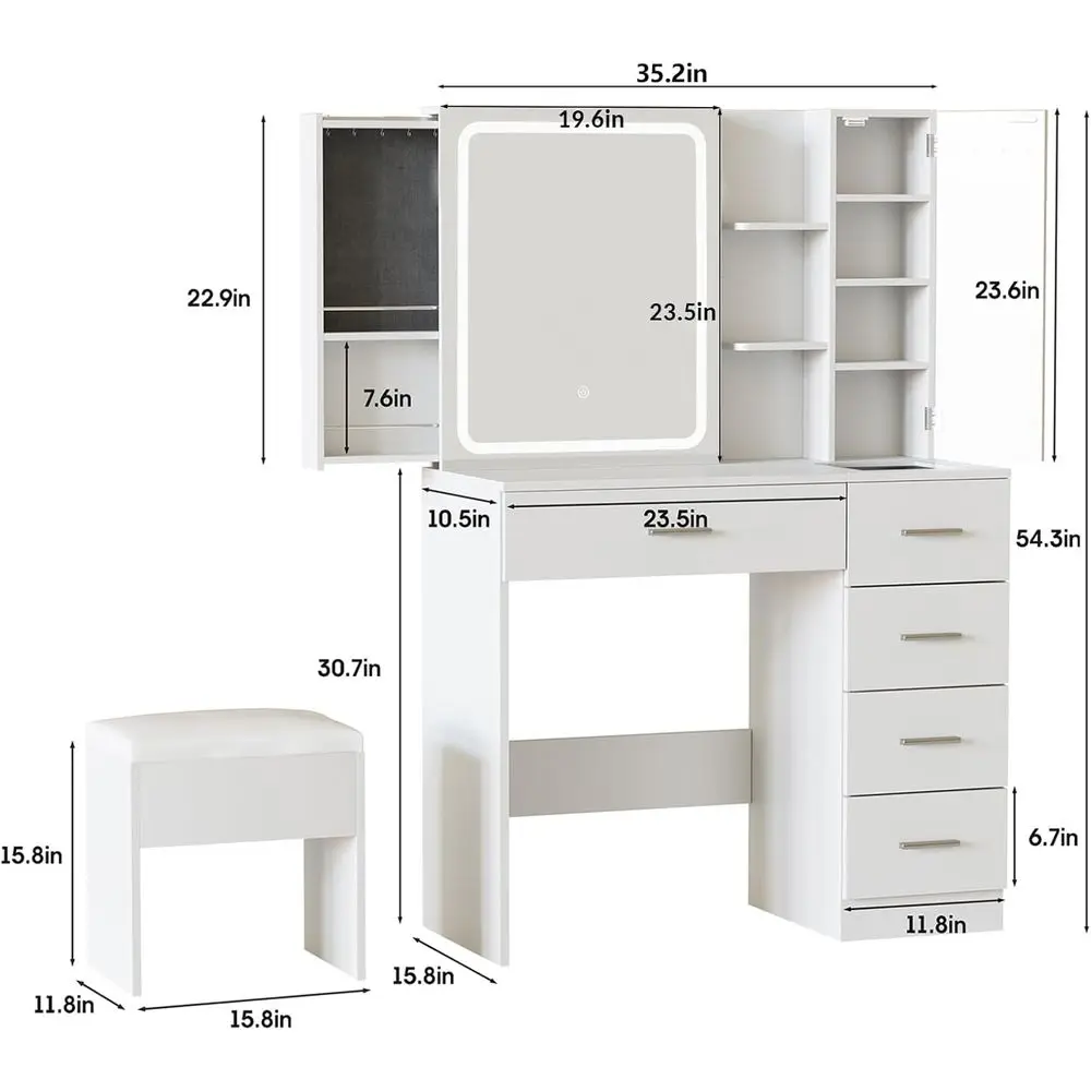 White Vanity Desk with Mirror, Lights, and Power Strip, Makeup Table Set with Sliding Storage and 5 Drawers & Shelves view 2