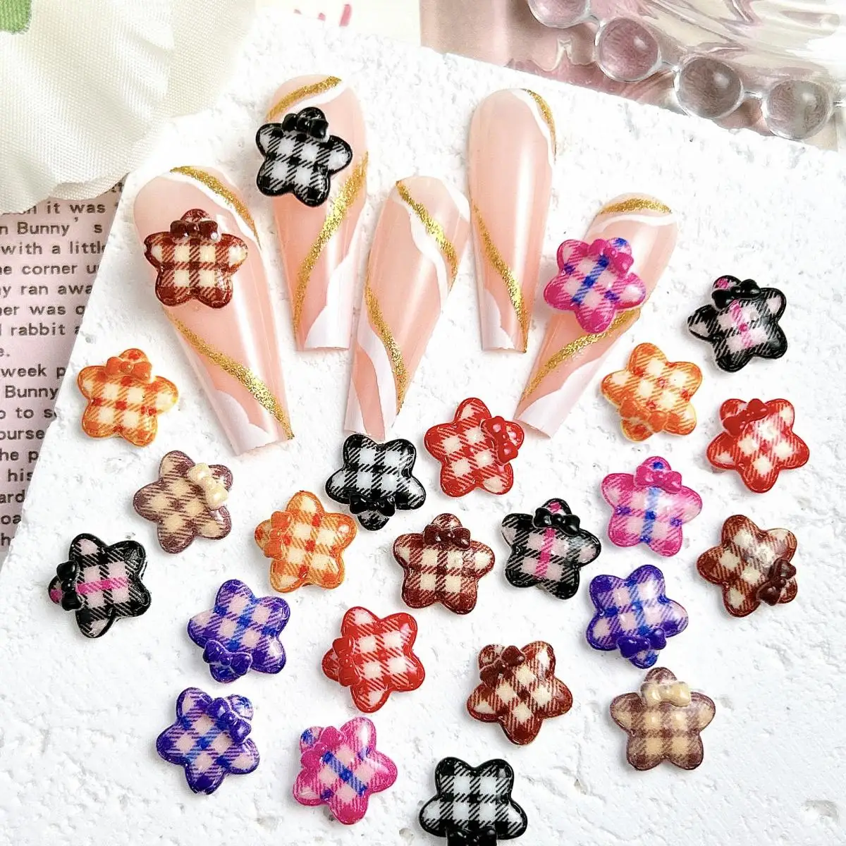 3D Colorful Plaid Pentagram Nail Art Charms Minimalist Creative Luminous Star Resin Nail Decorations for Making DIY Manicure