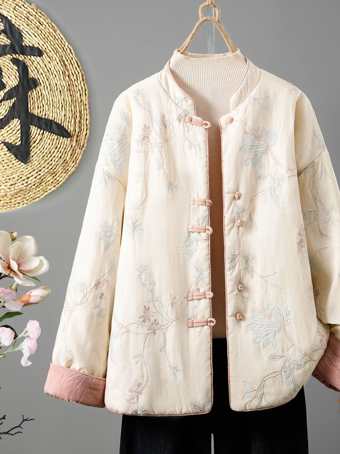 معطف شتوي من القطن المطرز من Ele Pure Flax ثنائي الاتجاه، معطف شتوي صيني جديد Sle Ladylike Commute Thi من Meimei Da