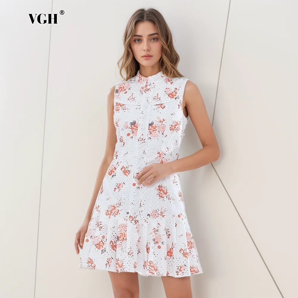 

VGH Sleeveless Flower Printing Dresses For Women Round Neck High Waist A Line Mini Dress Female Summer Fashion Clothing Style