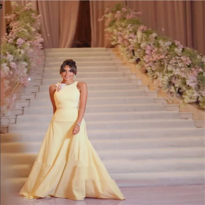 

Arabic Evening Dress Customized A Line O-Neck 3D Flowers Stretchy Satin Sleeveless Yellow Mermaid Prom Wedding Party Gowns