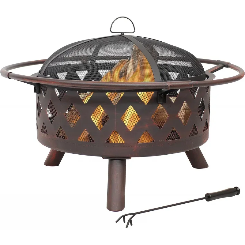 30-Inch Bronze Crossweave Wood-Burning Fire Pit - Includes Cover, Spark Screen, and Fireplace Poker