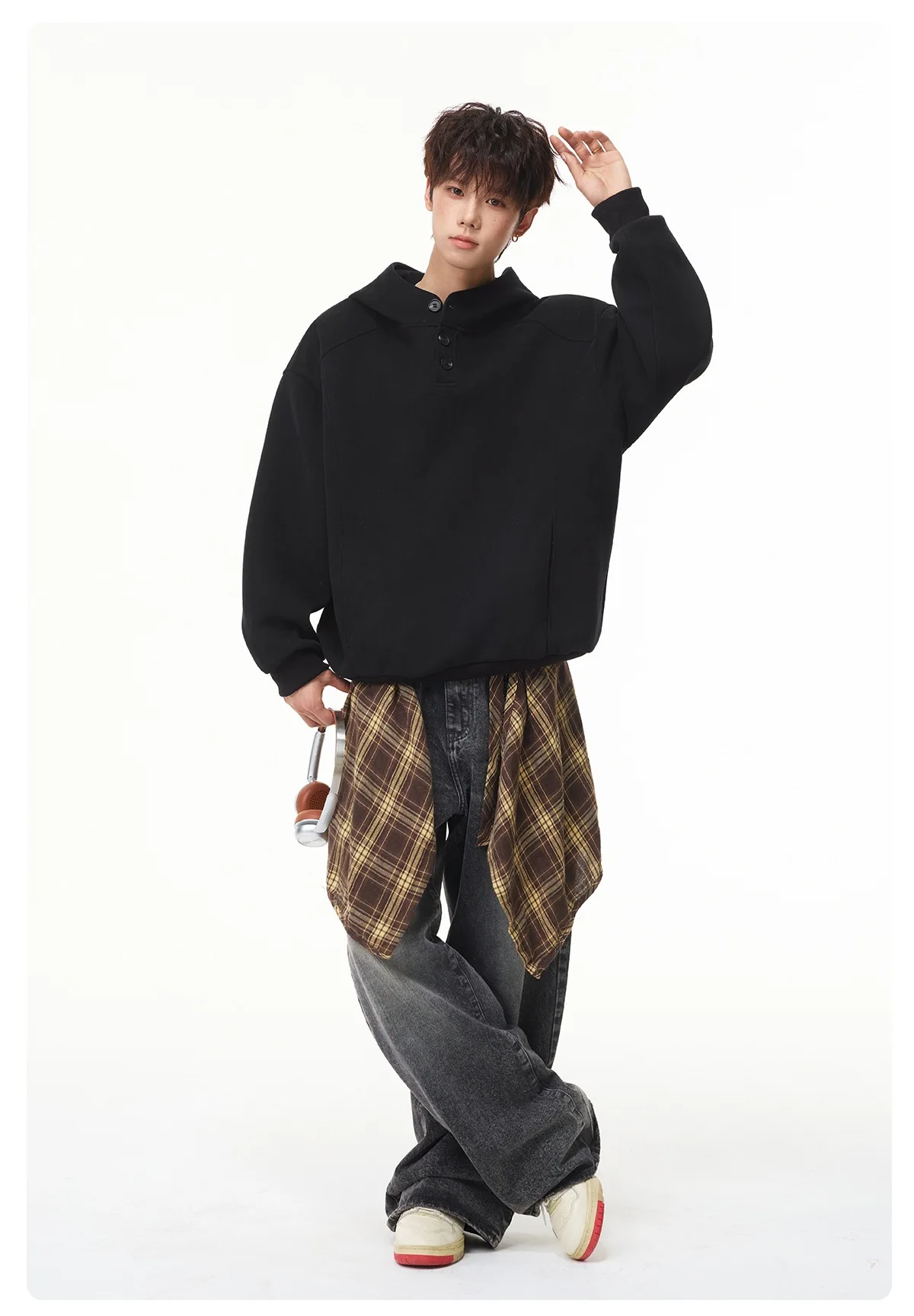 Autumn Winter New Button Half High Neck Hoodie for Men Korean Fashion Harajuku Simple Solid Men's Casual Loose Hooded Sweatshirt