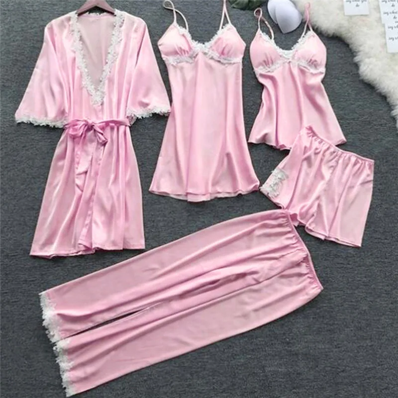 Five piece set Woman Sexy Pajamas Sleepwear Lace Robe And Pants Lingerie Bathrobe Home Clothed Nightwear For Ladies