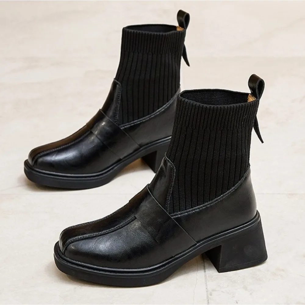 

Women's Boots Autumn Winter Elastic Socks High Heels Mid-Calf Women's New Casual Leather Platform Fashion Leather Shoes Booties