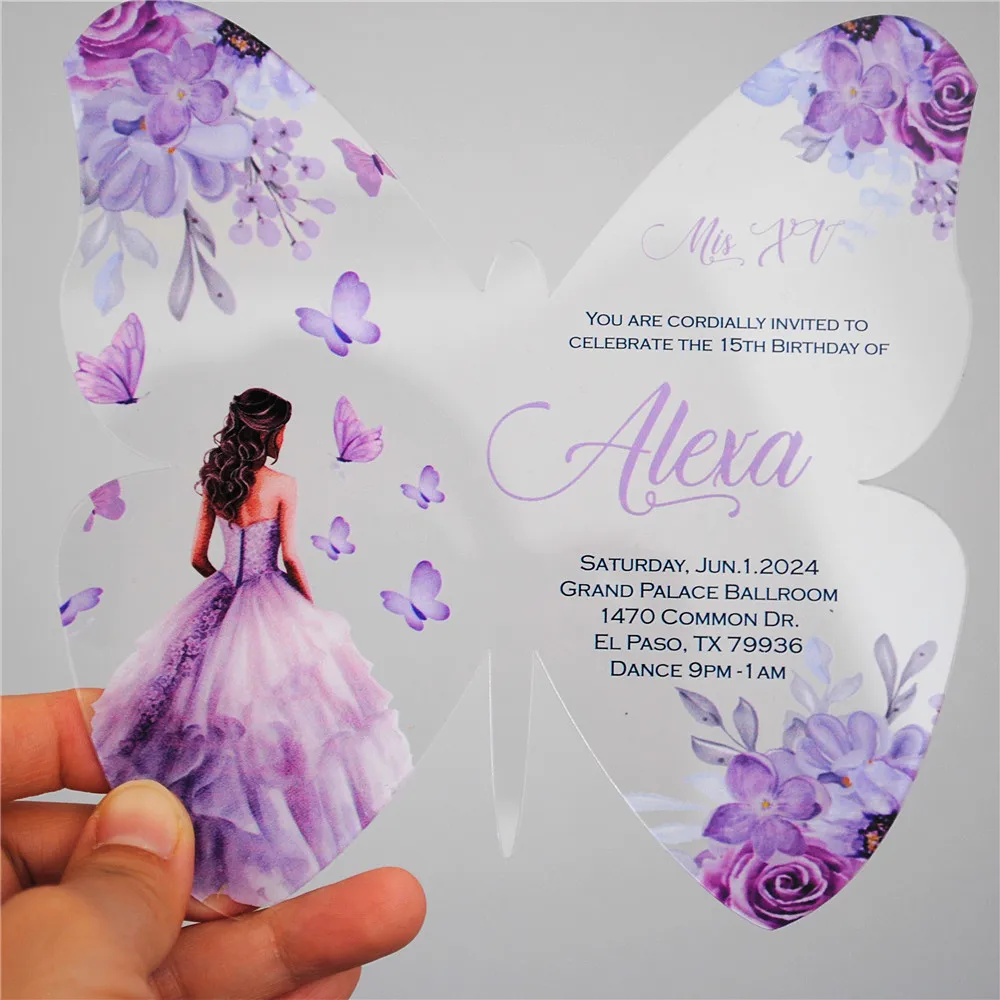 10pcs Girl Sweet 16 Birthday Bar Mitzvah Quinceanera Invitation Card Clear Acrylic Butterfly Custom Print Invite