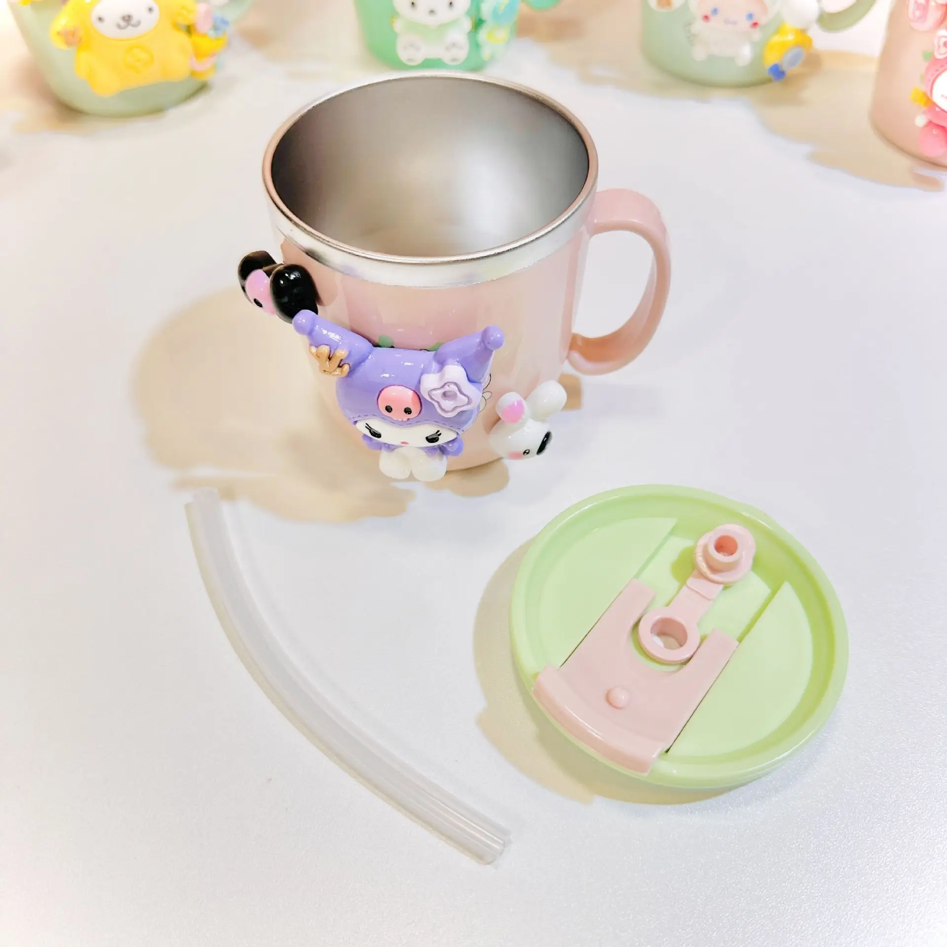 Kawaii Sanrio Hello Kitty Thermos Cup Kuromi Cinnamoroll Water Cup Stainless Steel Mug with Handle Cup Lid Straw Vacuum Cup Kids