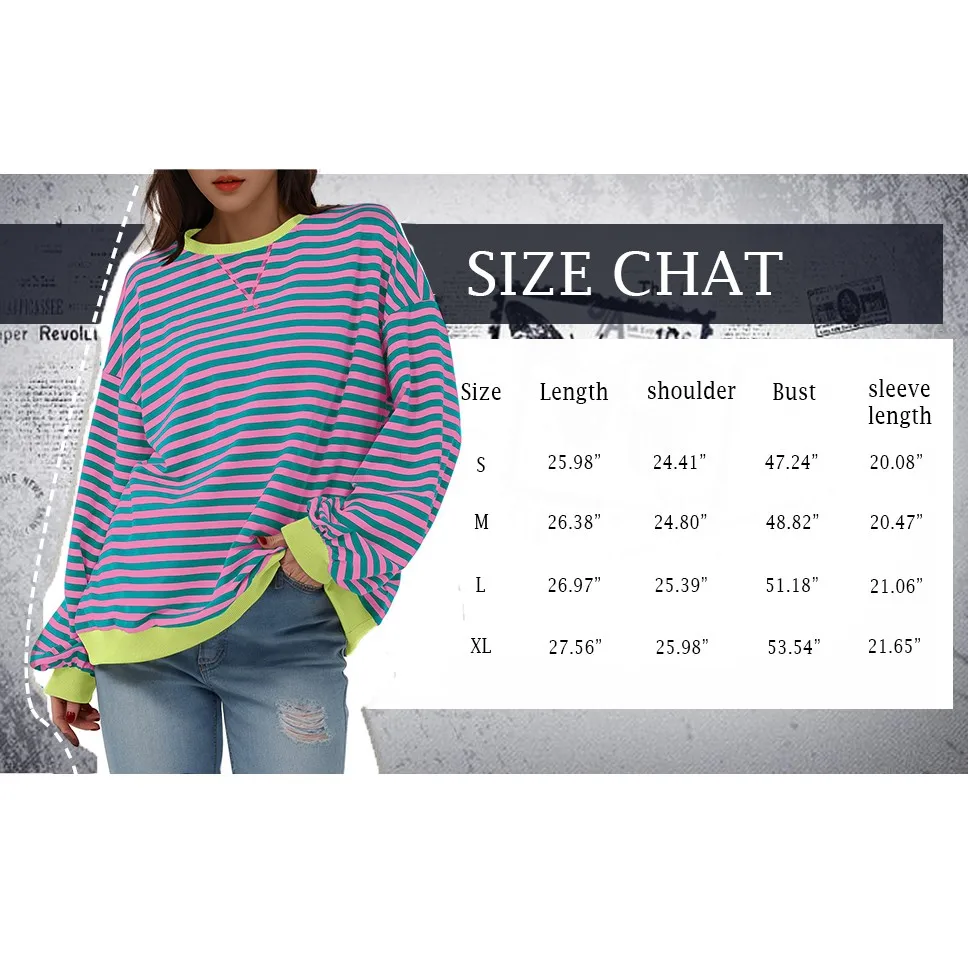 2024 new Women\'s Oversized Striped Color Blocking Long Sleeved Round Neck Sports Shirt Casual Loose Fitting Pullover Shirt Top